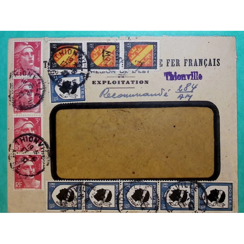 N°716 x4 + 755 x6 + 756 x3 MIXTE MARIANNE DE GANDON ARMOIRIES RECOMMANDE PROVISOIRE THIONVILLE MOSELLE 1947 FRANCE