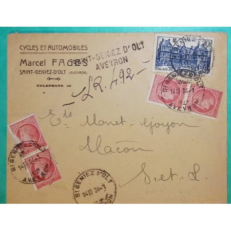 N°676 x4 + 760 MIXTE CERES MAZELIN PALAIS DU LUXEMBOURG RECOMMANDE PROVISOIRE ST GENIEZ D'OLT AVEYRON POUR MACON 1947