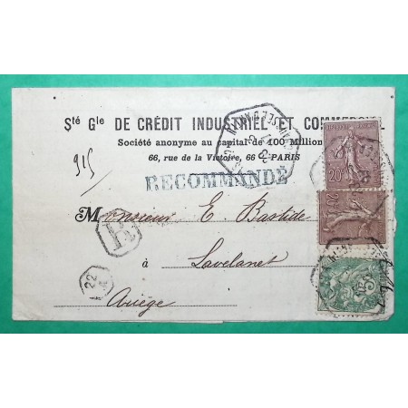 N°111 + N°131 x2 MIXTE BLANC SEMEUSE PERFORE C.I.C CREDIT INDUSTRIEL ET COMMERCIAL PARIS 1907