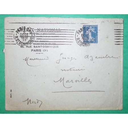 N°140 SEMEUSE ROULETTE PERFORE C.N CREDIT NATIONAL PARIS POUR MAROILLES NORD 1923