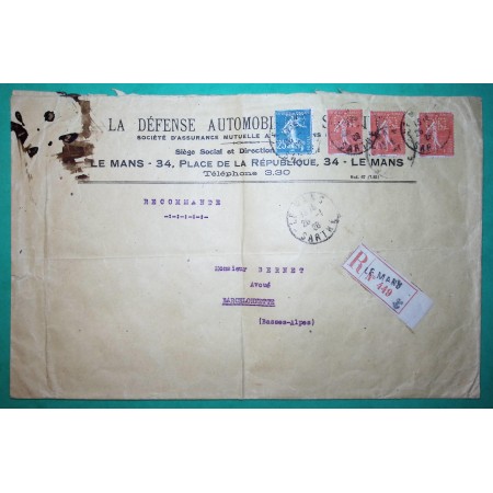 N°140 + 199 x3 SEMEUSE ROULETTE PERFORE GD DEFENSE AUTOMOBILE RECOMMANDE LE MANS SARTHE POUR BARCELONNETTE BASSES ALPES 1928