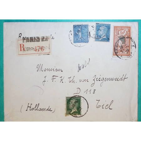N°145 + 174 + 181 + 205 MIXTE MERSON PASTEUR SEMEUSE RECOMMANDE PARIS POUR TIEL HOLLANDE 1930 LETTRE COVER FRANCE