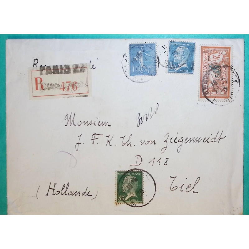 N°145 + 174 + 181 + 205 MIXTE MERSON PASTEUR SEMEUSE RECOMMANDE PARIS POUR TIEL HOLLANDE 1930 LETTRE COVER FRANCE