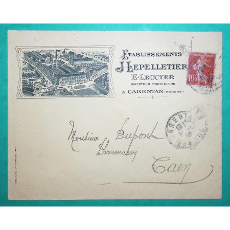 N°138 SEMEUSE PERFORE JL J. LEPELLETIER CARENTAN MANCHE BELLE ENVELOPPE PUB ILLUSTREE 1916