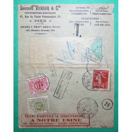 N°138 SEMEUSE PERFORE LV LEOPOLD VERGER IMPRIMEUR + TAXE BELGE 10C + 20C 30C ST DENIS POUR VERVIERS BELGIQUE 1908