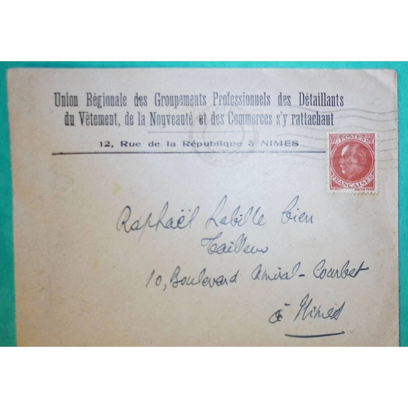N°506 30C ROUGE PETAIN PROST SEUL SUR LETTRE TARIF IMPRIME NIMES GARD LETTRE COVER FRANCE