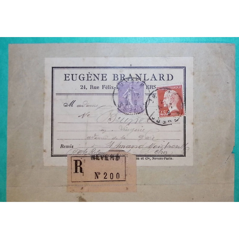 N°175 + 200 MIXTE PASTEUR SEMEUSE RECOMMANDE OPR TARIF 1F05 NEVERS NIEVRE POUR ST AMAND MONTROND CHER DEVANT DE LETTRE