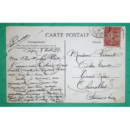 N°129 SEMEUSE PERFORE T&C TERROT ET COMPAGNIE BELLE CARTE PRIVEE VELOS CYCLES DIJON COTE D'OR 1907