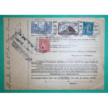 N°199 + 239 + 260 + 261 SEMEUSE MONT ST MICHEL PORT LA ROCHELLE + TIMBRE FISCAL PERFORE VB VALENTIN BLOCH BULLETIN EXPEDITION