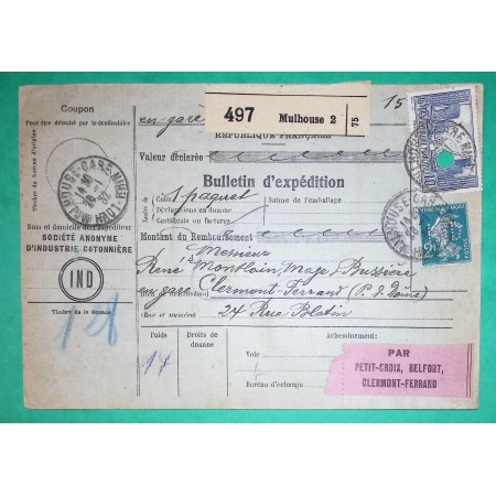 N°239 + 261 SEMEUSE PORT LA ROCHELLE + TIMBRE FISCAL PERFORE IND SOCIETE D'INDUSTRIE COTONNIERE BULLETIN EXPEDITION 1932