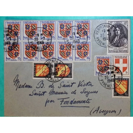 N°756 x3 + 834 x11 + 836 + 848 BEL AFFRANCHISSEMENT ARMOIRIES REGIONALES JEAN RACINE PERPIGNAN POUR FONDAMENTE AVEYRON