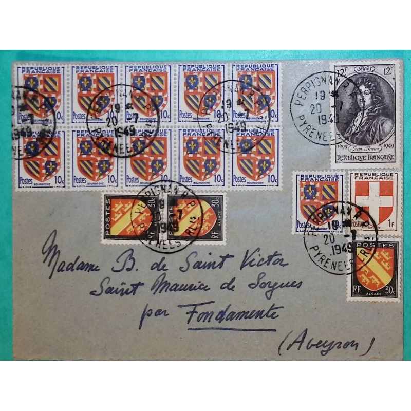 N°756 x3 + 834 x11 + 836 + 848 BEL AFFRANCHISSEMENT ARMOIRIES REGIONALES JEAN RACINE PERPIGNAN POUR FONDAMENTE AVEYRON