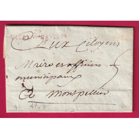 MARQUE 29 VILLENEUVE LES AVIGNON EN ROUGE GARD AN2 1794 POUR MONTPELLIER INDICE 16