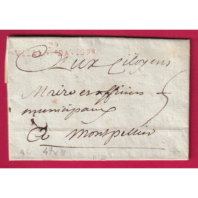 MARQUE 29 VILLENEUVE LES AVIGNON EN ROUGE GARD AN2 1794 POUR MONTPELLIER INDICE 16