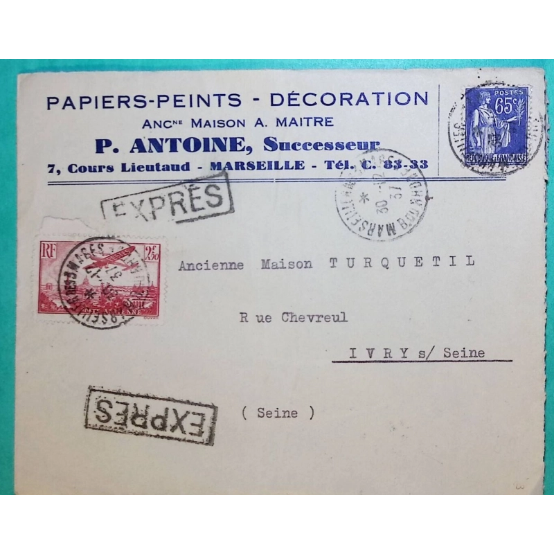 N°365 PAIX + N°11 2F50 POSTE AERIENNE LETTRE EXPRES MARSEILLE BOUCHES DU RHONE POUR IVRY SUR SEINE 1937 COVER FRANCE