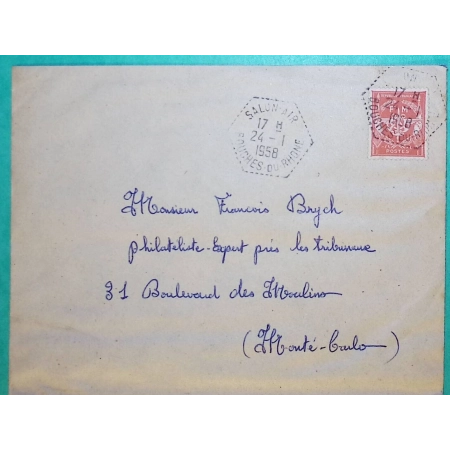 TIMBRE FM N°12 CACHET MANUEL SALON AIR BOUCHES DU RHONES POUR MONTE CARLO MONACO 1958 LETTRE COVER FRANCE