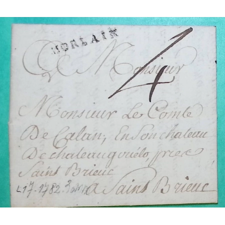 MARQUE MORLAIX FINISTERE POUR ST BRIEUC COTES DU NORD LN N°17 1782 LETTRE COVER FRANCE