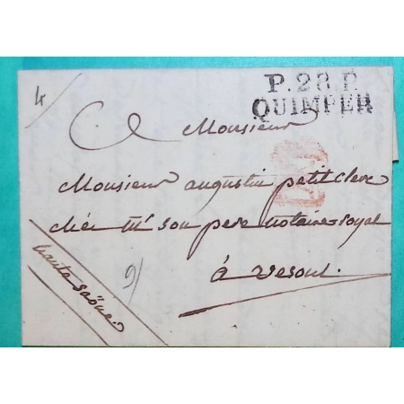 MARQUE P28P QUIMPER FINISTERE POUR VESOUL HAUTE SAONE + CACHET PORT VERIFIE ROUGE 31x11 1824 LETTRE COVER FRANCE