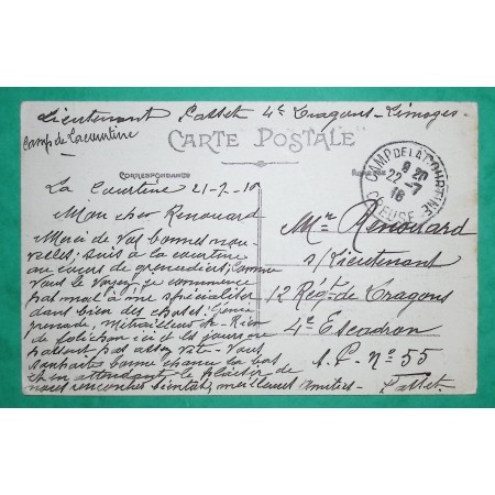 FRANCHISE MILITAIRE FM CAMP DE LA COURTINE CREUSE CARTE POSTALE POUR REGIMENT DRAGONS 1916 WW1