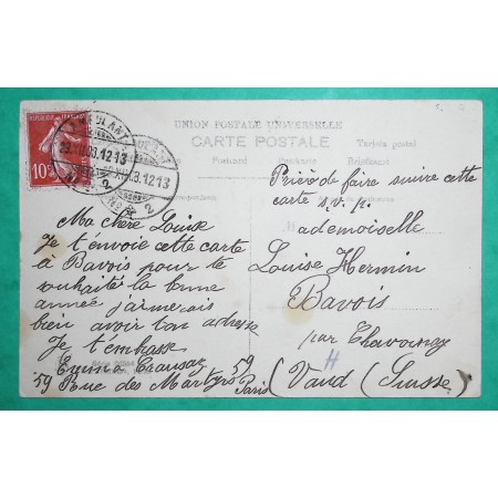 N°138 SEMEUSE OBLITERATION SUISSE AMBULANT N°2 DEPART PARIS POUR CHAVORNAY 1908
