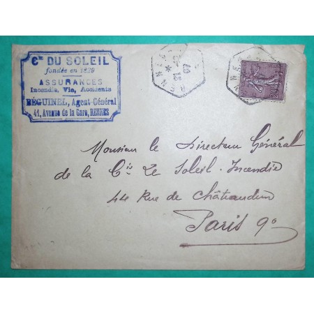 N°131 20C SEMEUSE LIGNEE SEUL SUR LETTRE RENNES ILLE ET VILAINE POUR PARIS 1907