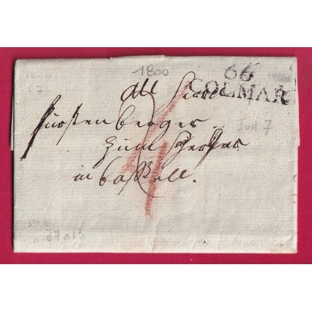 MARQUE 66 COLMAR HAUT RHIN 1800 POUR BALE SUISSE TAXE 2 + 4 EN ROUGE SUISSE LETTRE