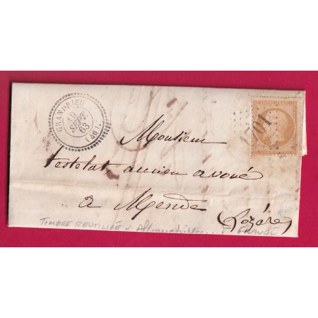 N°21 FRAUDE POSTALE TIMBRE DECOUPE SUR PAPIER GC 1701 GRANDRIEU LOZERE CAD TYPE 22 POUR MENDE