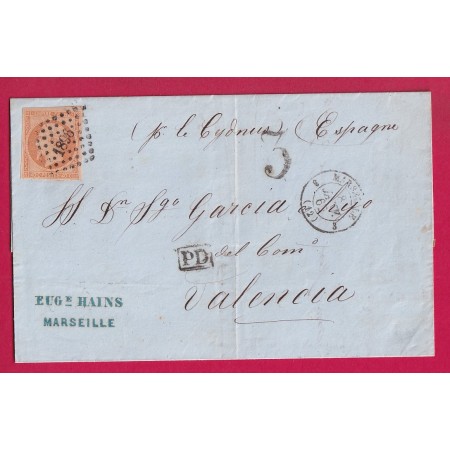 N°16 PC 1896 MARSEILLE 3 12 3 POUR VALENCIA ESPAGNE SPAIN TAXE 3 LETTRE