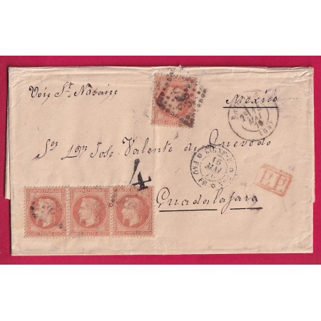 N°31 BANDE DE TROIS + UN GC 359 BAYONNE BASSES PYRENEES + LIGNE B PAQ FR N°2 POUR GUADALAJARA MEXIQUE MEXICO 1870