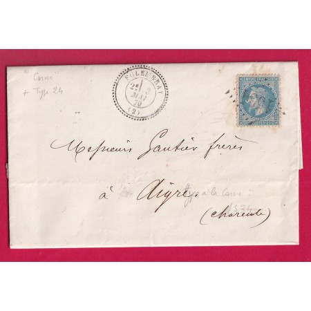 N°29 VARIETE A LA CORNE GC 1534 FOLEMBRAY AISNE CAD TYPE 24 POUR AIGRE CHARENTE AU DOS ETIQUETTE PUB