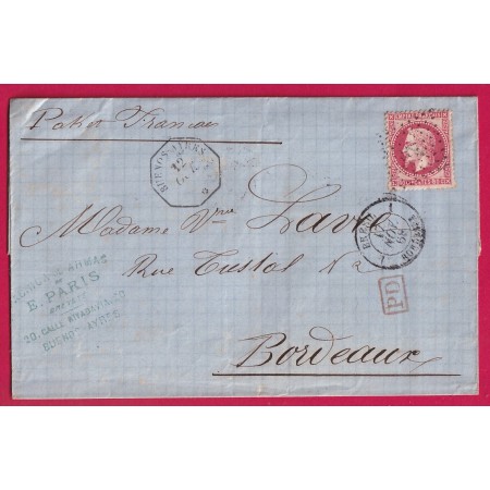 N°32 OBLITERATION ANCRE CAD CONSULAIRE BUENOS AYRES ARGENTINE ARGENTINA 1868 POUR BORDEAUX ENTRE BRESIL BORDEAUX