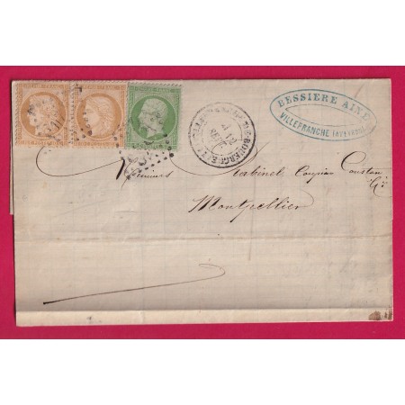 N°36 PAIRE + 20 GC 4243 VILLEFRANCHE DE ROUERGUE AVEYRON 12 SEPTEMBRE 1871 POUR MONTPELLIER HERAULT