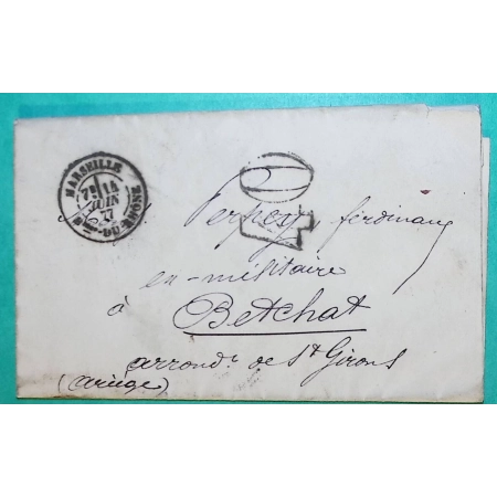 CAD TYPE 18 MARSEILLE BOUCHES DU RHONE TAXE 40 POUR BETCHAT ARIEGE 1877 LETTRE COVER FRANCE