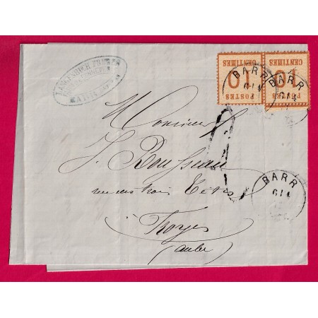 ALSACE LORAINE N°5 X2 CAD BARR BAS RHIN POUR MONTPELLIER HERAULT TAXE TAMPON 25 1871