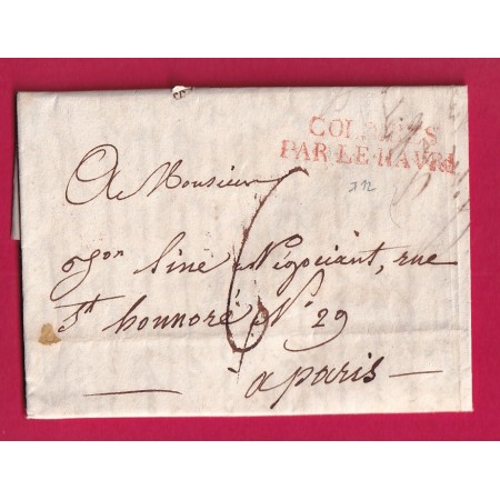 MARQUE COLONIES PAR LE HAVRE TEXTE DE LA HAVANE CUBA 1819 POUR PARIS