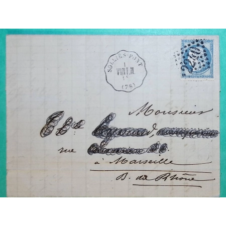 N°60A GC 2240 MARSEILLE CONVOYEUR STATION SOLLIES PONT VAR LIGNE VINT.M VINTIMILLE A MARSEILLE 1873 LETTRE COVER FRANCE