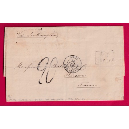 LETTRE DE PORT AU PRINCE HAITI ST DOMINGUE 1870 TAXE TAMPON 20 VOIE ANGLAISE MARQUE ECHANGE GB 1F60LETTRE