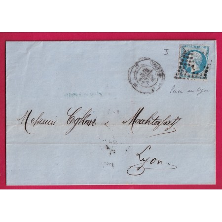 N°14 PERCE EN LIGNE PARIS BUREAU J 1862 POUR LYON