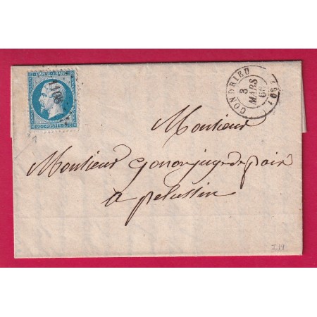 N°22 PC DU GC 1108 CONDRIEU RHONE 3 MARS 1863 POUR PELUSSIN LOIRE RARE INDICE 19