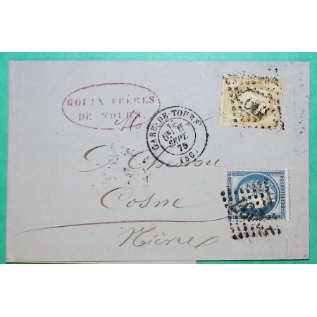 N°55 + 60C CAD TYPE 17 GARE DE TOURS INDRE ET LOIRE DOUBLE PORT POUR COSNE NIEVRE 1875 LETTRE COVER FRANCE