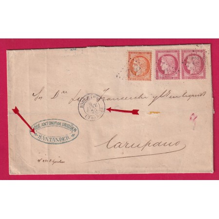 N°38 + 57 PAIRE GC 532 BORDEAUX ETRANGER ACHEMINEE DE SANTANDER ESPAGNE POUR CARUPANO VENEZUELA 1870