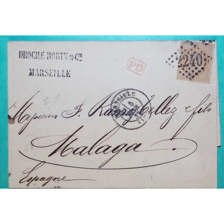 N°38 CERES TYPE SIEGE GC 2240 MARSEILLE BOUCHES DU RHONE POUR MALAGA ESPAGNE SPAIN 1872 LETTRE COVER FRANCE