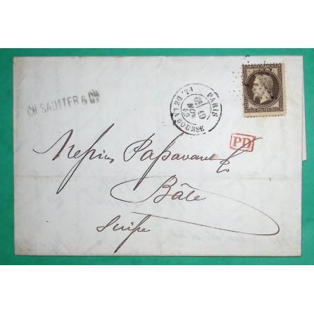 N°30 ETOILE DE PARIS N°1 PLACE DE LA BOURSE POUR BALE SUISSE 1869