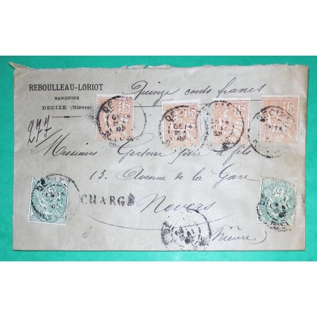 N°111 x2 + 117 x4 MIXTE BLANC MOUCHON BELLE LETTRE CHARGE DECIZE NIEVRE POUR NEVERS 1902
