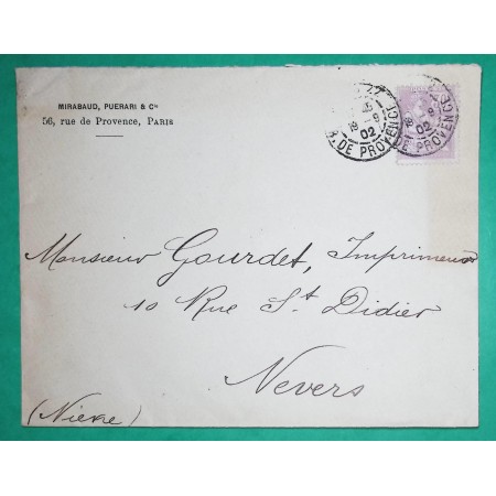 N°128 30C MOUCHON RETOUCHE SEUL SUR LETTRE PARIS RUE DE PROVENCE POUR NEVERS NIEVRE 1902