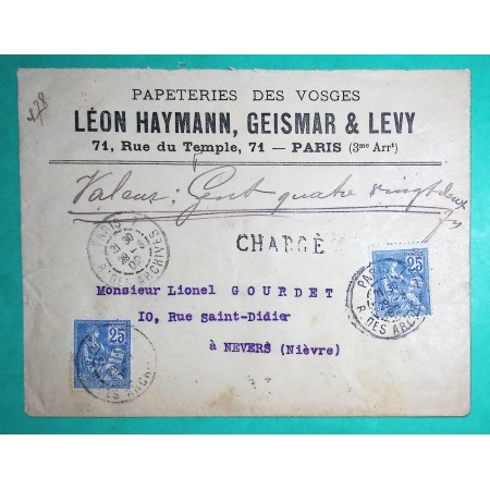 N°114 x2 25C MOUCHON TYPE I BELLE LETTRE CHARGE PAPETERIES DES VOSGES PARIS POUR NEVERS NIEVRE 1902