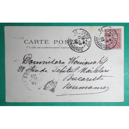 N°124 MOUCHON RETOUCHE CARTE POSTALE PARIS POUR BUCAREST ROUMANIE 1903