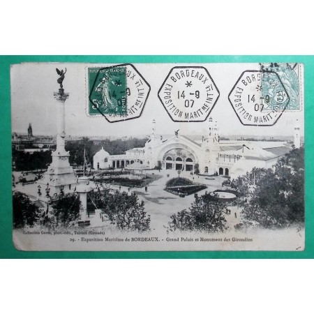 N°111 + 137 BLANC SEMEUSE CARTE POSTALE EXPOSITION MARITIME DE BORDEAUX + VIGNETTE 1907