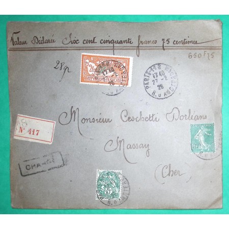 N°111 + 145 + 159 MIXTE BLANC MERSON SEMEUSE LETTRE CHARGE PARIS POUR MASSAY CHER 1928