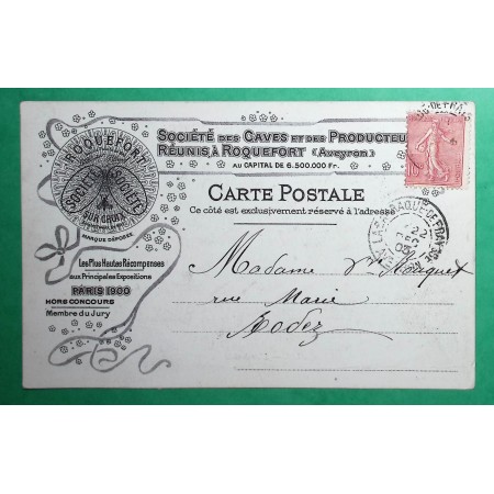 N°129 SEMEUSE BELLE CARTE POSTALE PUB ROQUEFORT SOCIETE LA BARAQUE DE FRAYSSE AVEYRON POUR RODEZ 1903